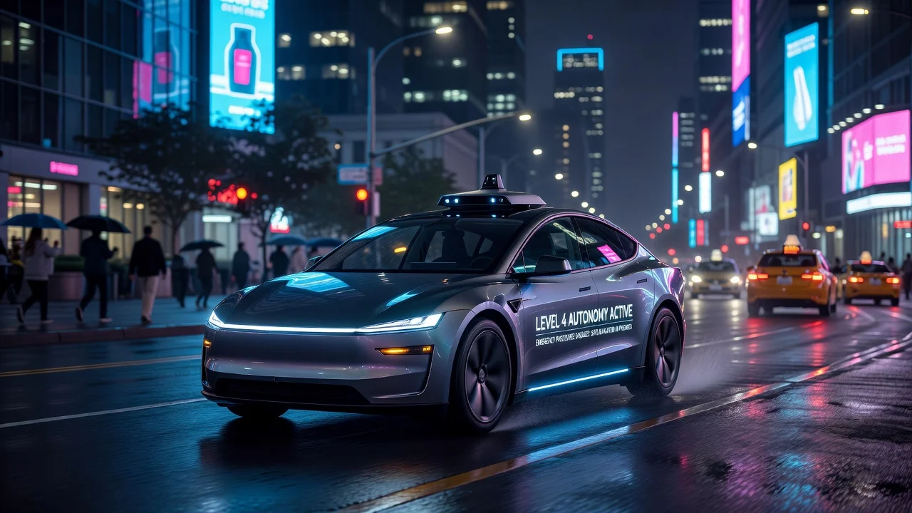 Illustration of a Tesla Cybercab robotaxi demonstrating safety features on a city street at night.