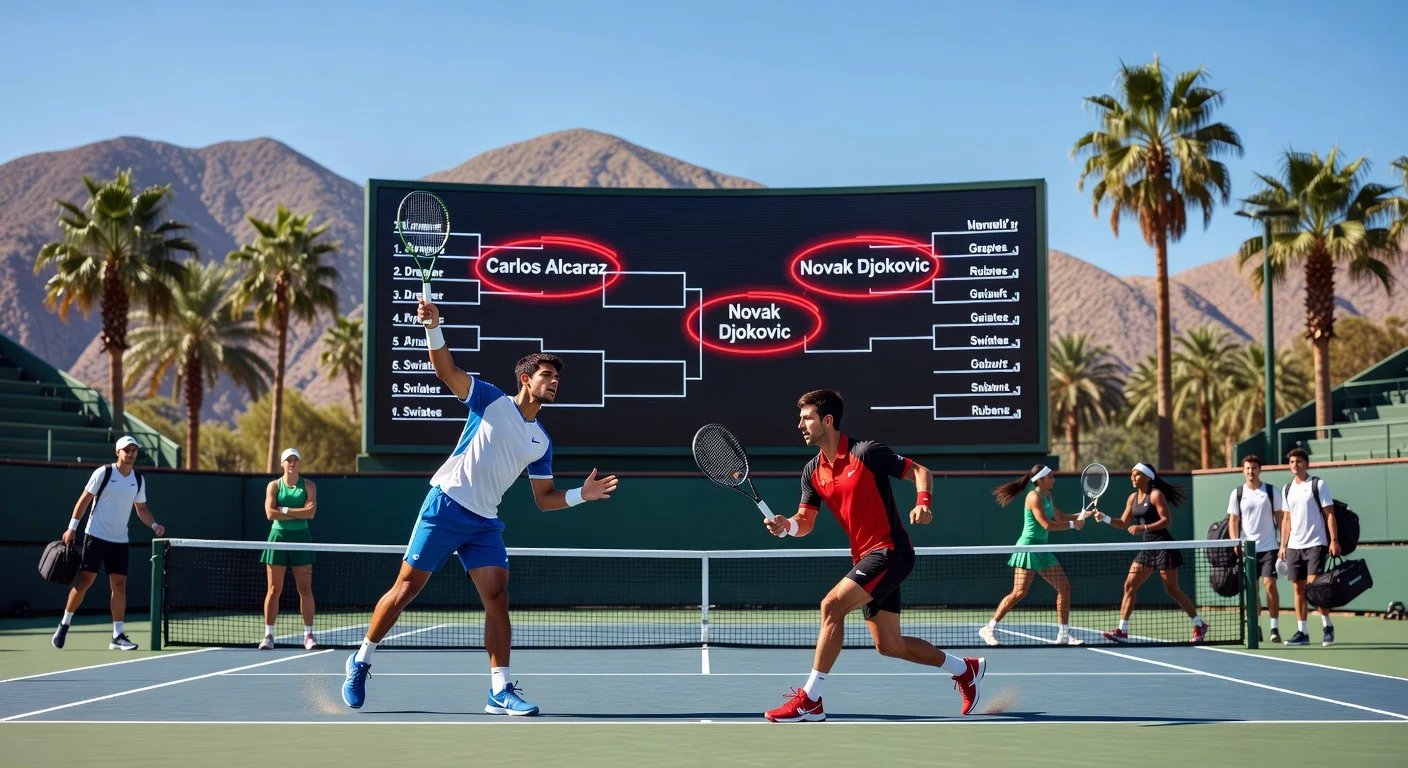 Realistic illustration of the 2026 Indian Wells tennis draw, featuring potential Alcaraz-Djokovic semifinal and top players in action.