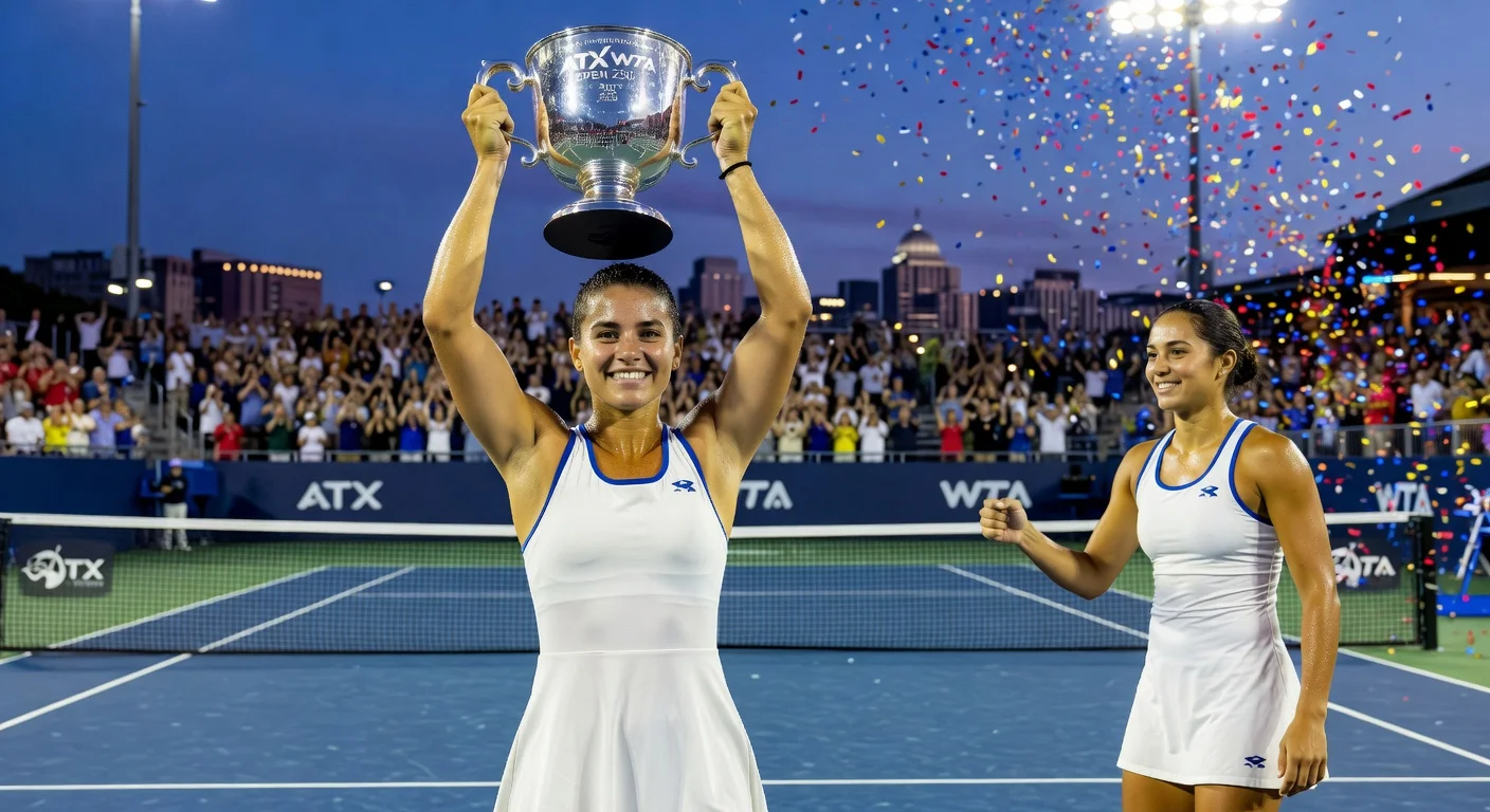 Peyton Stearns celebrates winning the 2026 ATX Open title by defeating Taylor Townsend, holding the trophy on court amid cheers.