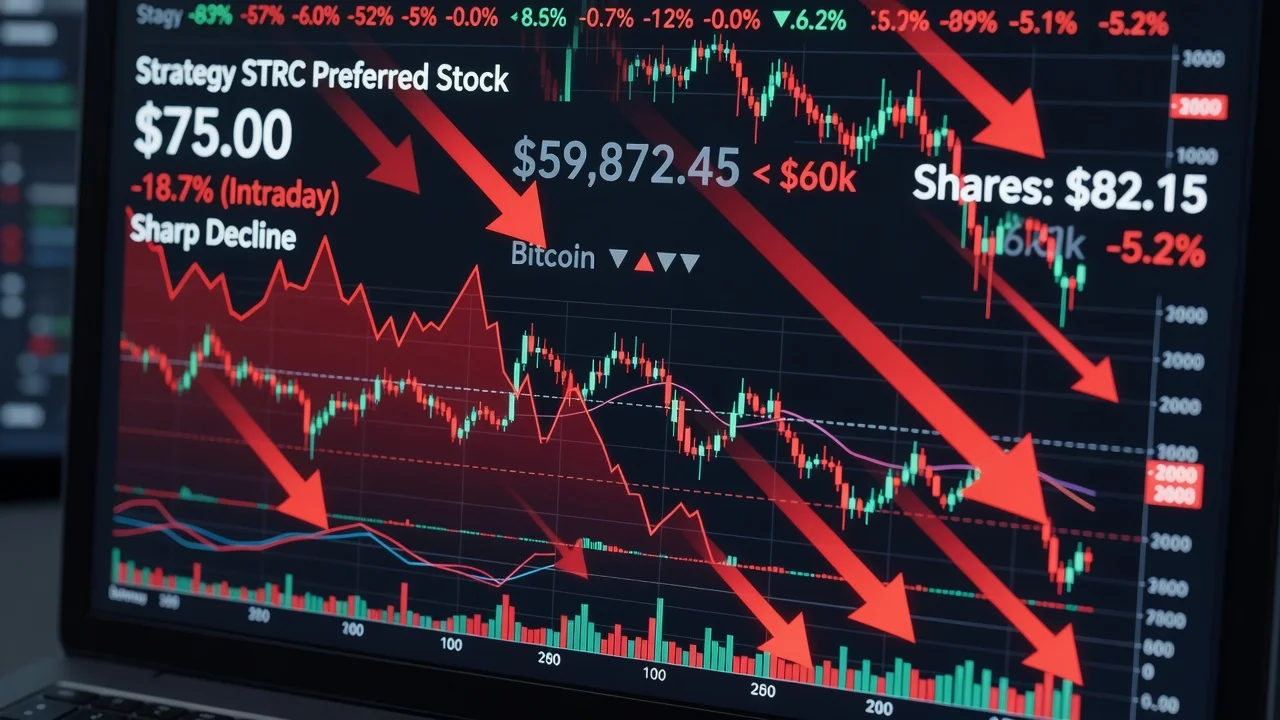 Illustration of Strategy's STRC stock price plummeting amid Bitcoin decline.