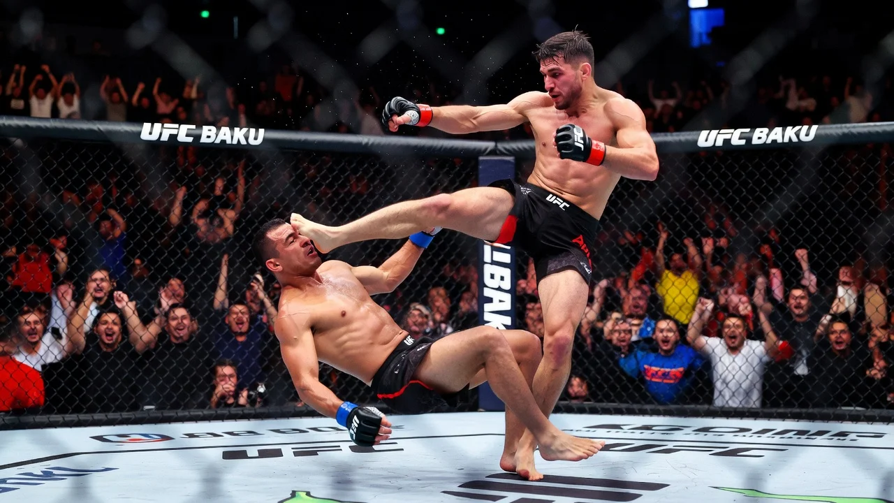 A dramatic photorealistic image of Rafael Fiziev performing a spinning wheel kick knockout on Manuel Torres at UFC Baku.