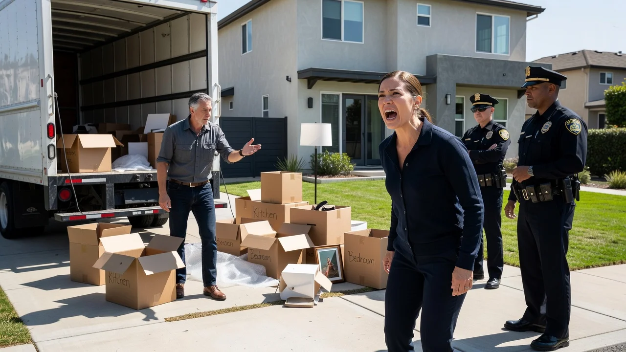 A woman yelling at a man outside a house with police nearby during a move-out.