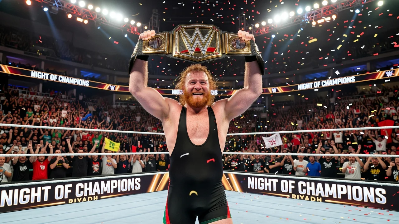 Sami Zayn celebrating his Undisputed WWE Championship victory over Cody Rhodes and GUNTHER at Night of Champions in Riyadh.