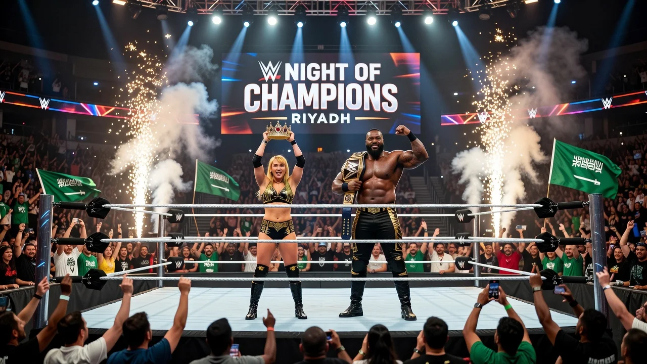 WWE wrestlers IYO SKY and Oba Femi celebrating Queen and King of the Ring victories