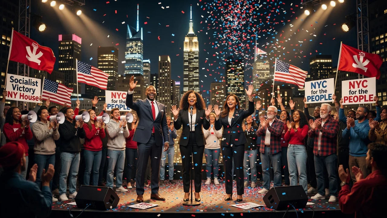 Three Democratic socialist candidates celebrating their New York House primary wins on stage with supporters and NYC skyline in background.
