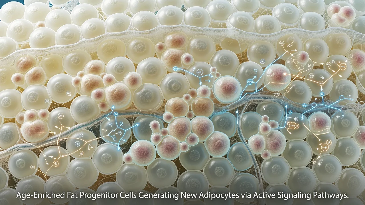 Illustration of abdominal fat cells related to aging and new fat generation.