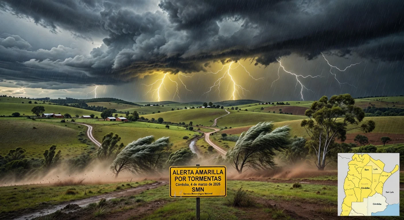 Illustration of severe storms under yellow alerts in Argentine provinces including Córdoba and San Luis, with rain, lightning, and wind.