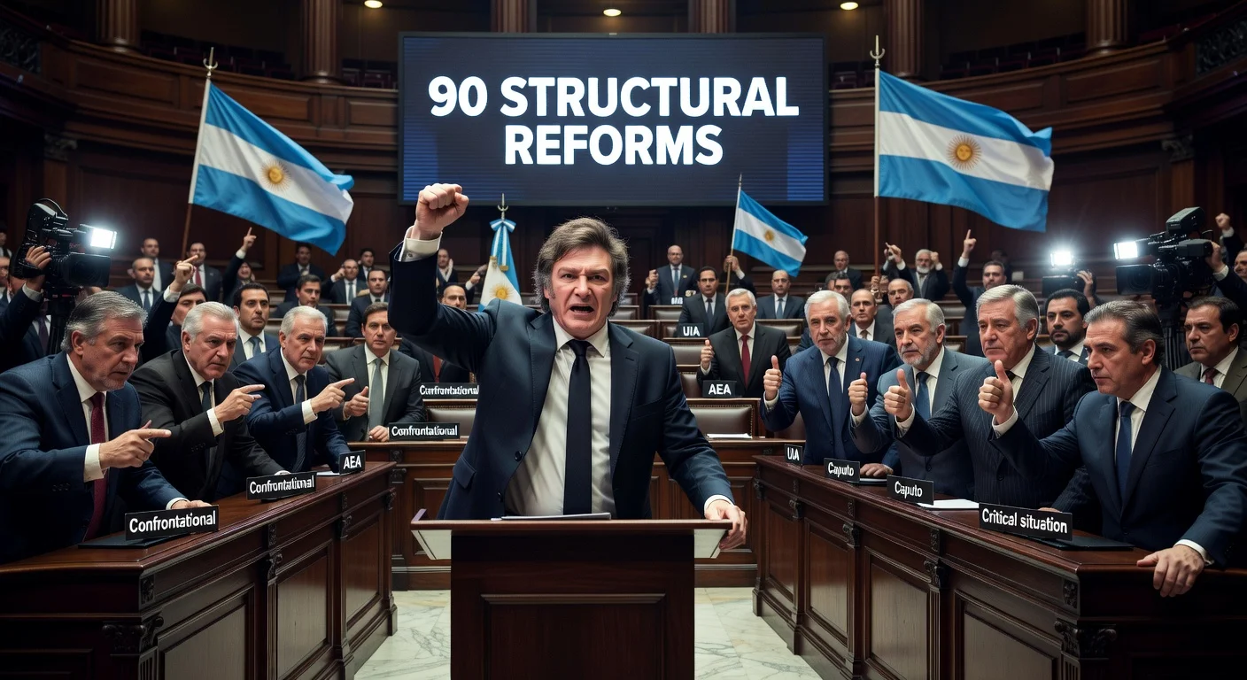 Realistic illustration depicting President Milei's congressional speech and contrasting reactions from business leaders and opposition figures.