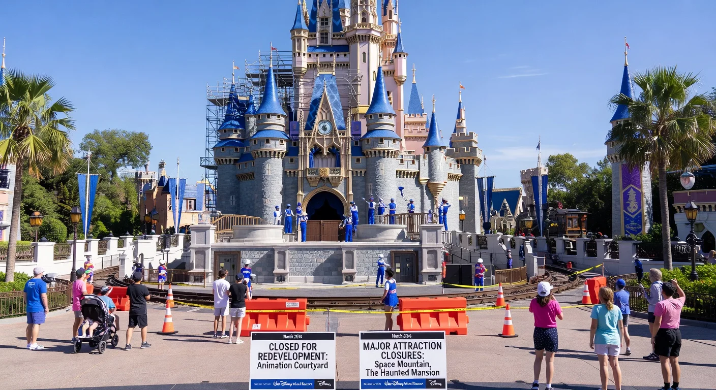 Photorealistic depiction of Cinderella Castle repainting, railroad route changes, and closure signs during Disney World 2026 updates.