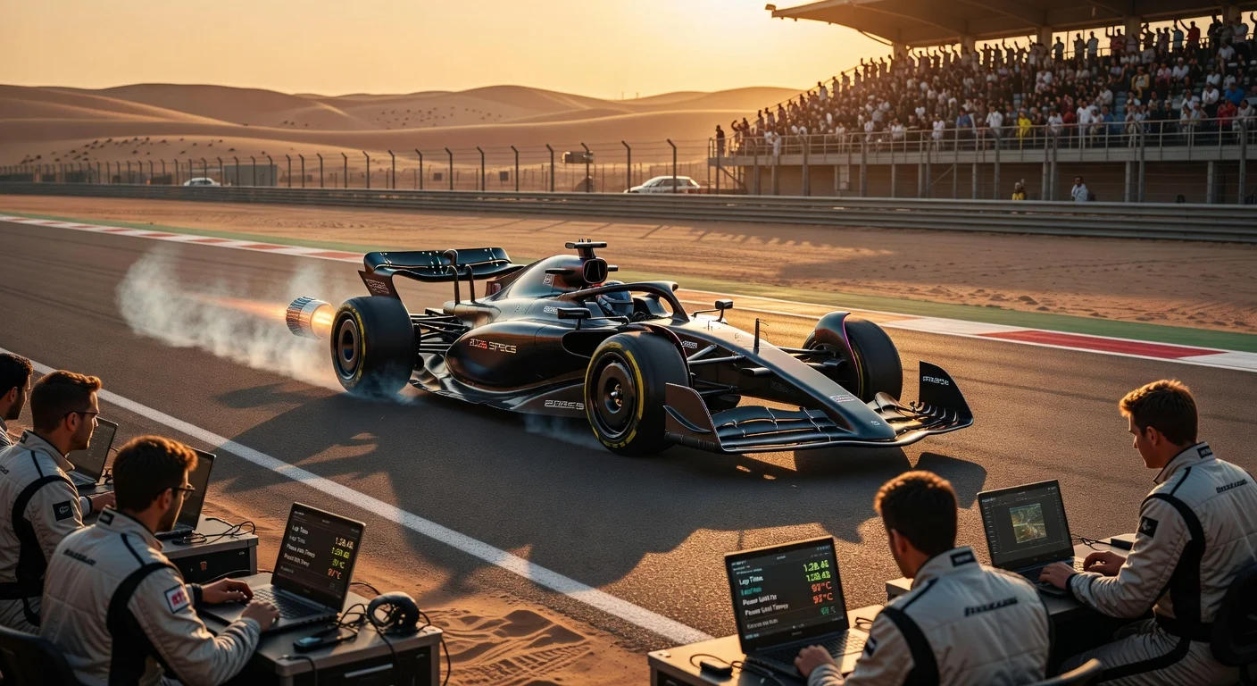 Futuristic F1 2026 car in high-speed Bahrain test, highlighting active aero and new power units, with engineers monitoring.
