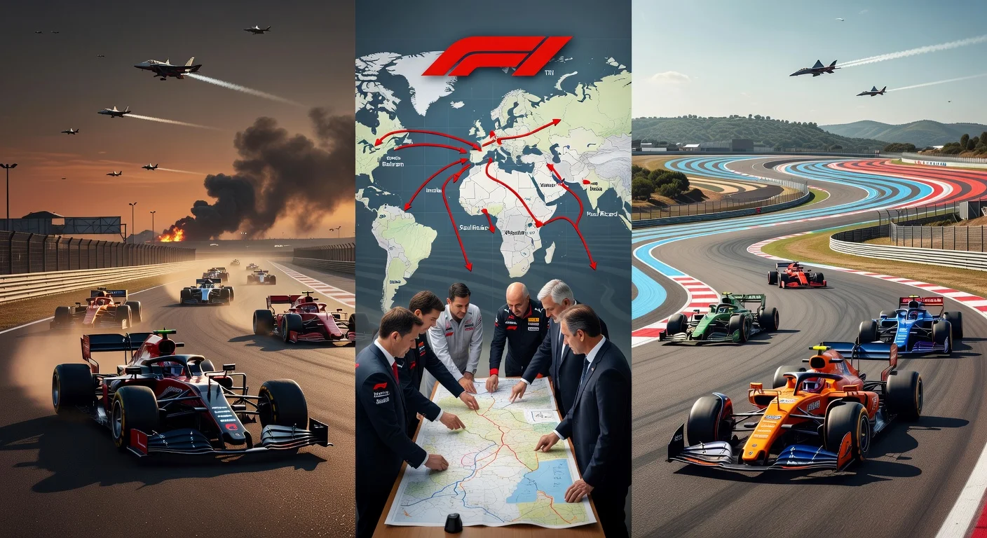 Illustration of F1 preparing European track alternatives like Imola amid Middle East tensions threatening Bahrain and Saudi GPs.