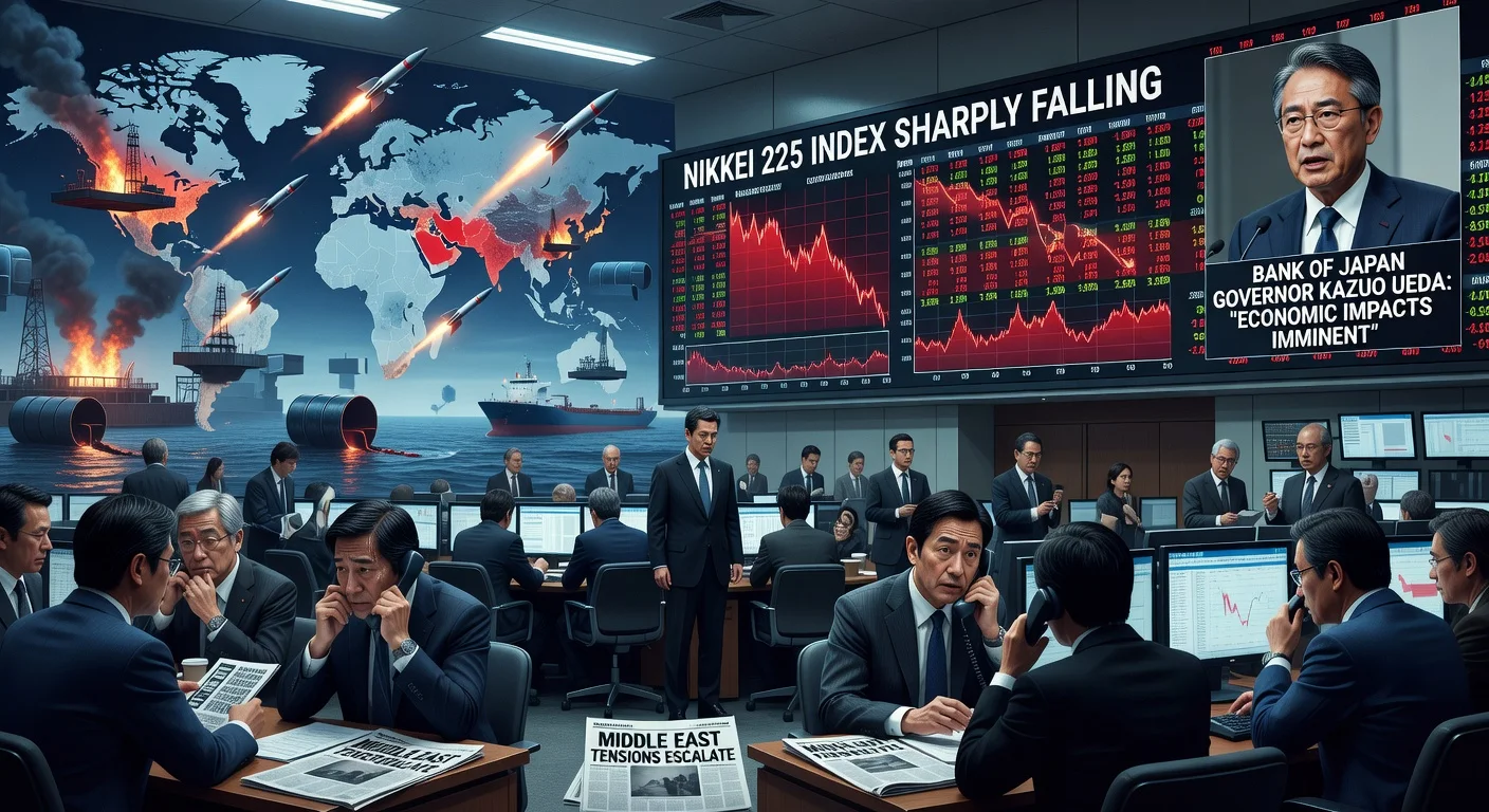 Illustration depicting Tokyo stocks plummeting amid Middle East tensions over Iran and Bank of Japan economic warnings.