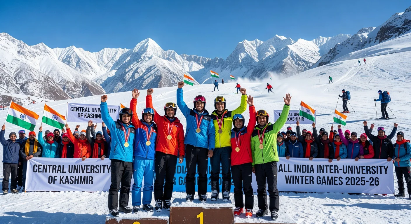 Closing ceremony of Inter-university Winter Games in Gulmarg: athletes receive medals on podium amid cheering crowd and snowy Himalayan peaks.