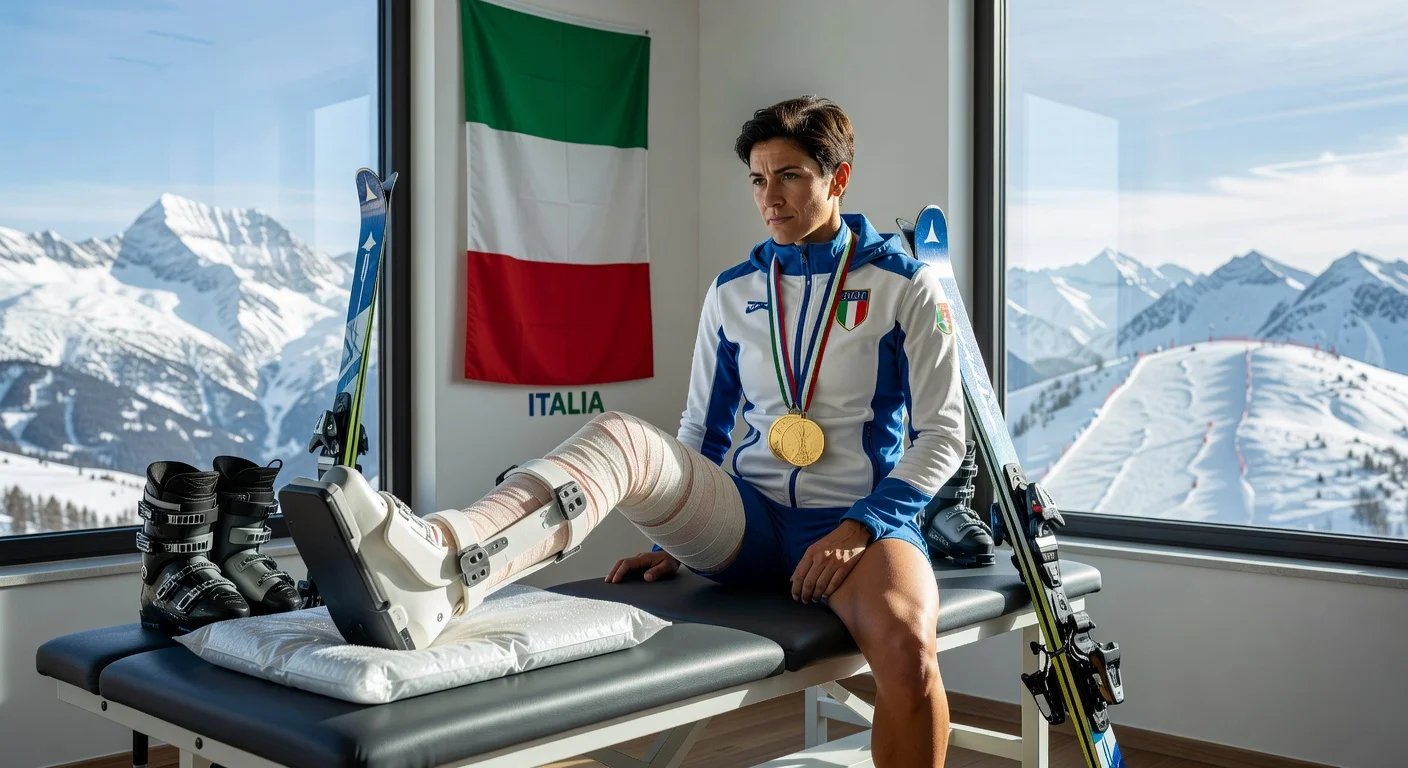 Federica Brignone, double Olympic gold medalist, in leg rehab clinic ending her World Cup season early, with medals and bandaged leg.