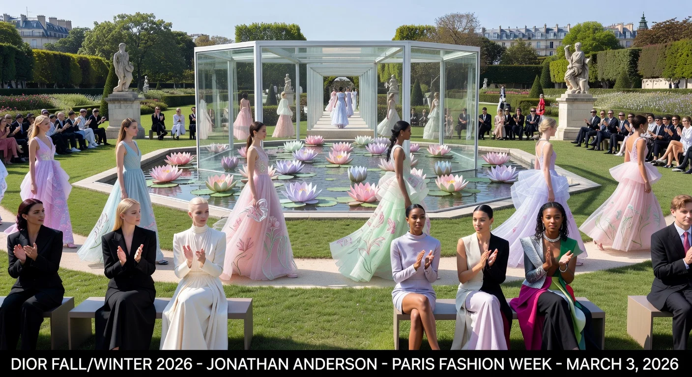 Photorealistic scene of Dior's Fall/Winter 2026 show in Paris's Tuileries Garden, with Monet-inspired lily pond, models on runway, and celebrities Anya Taylor-Joy, Charlize Theron, Willow Smith in attendance.