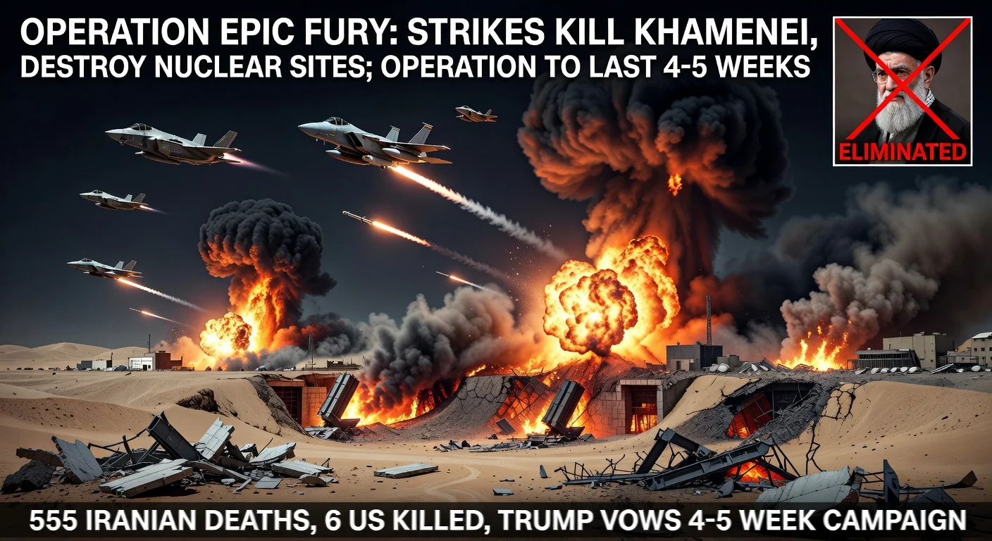 Dramatic illustration of US-Israel airstrikes on Iranian nuclear sites and missile facilities during Operation Epic Fury, with jets, explosions, and Khamenei inset.