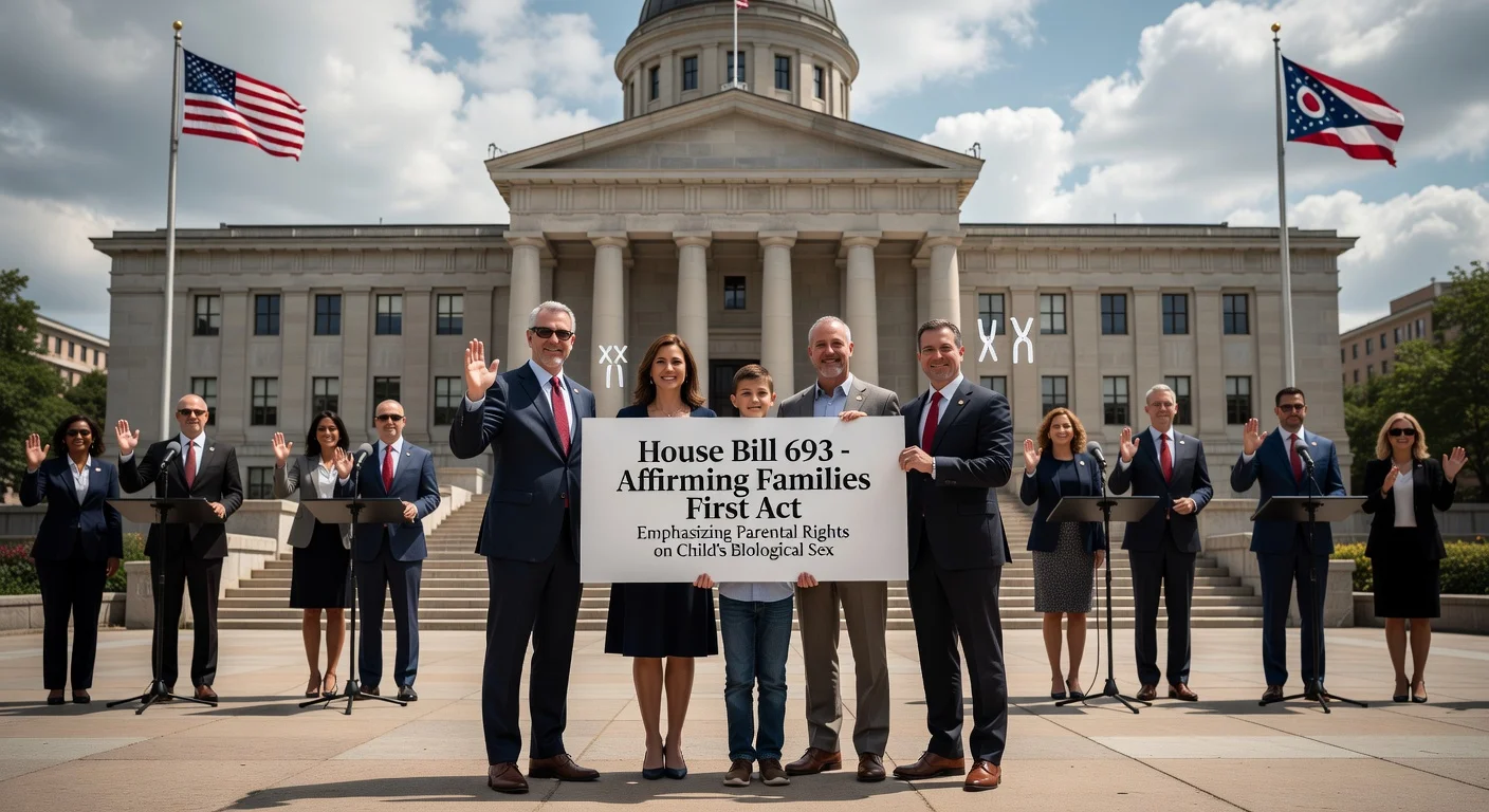 Realistic depiction of Ohio GOP lawmakers promoting HB 693 on child welfare and parental gender affirmation rights, with Democrats declining comment outside the Statehouse.