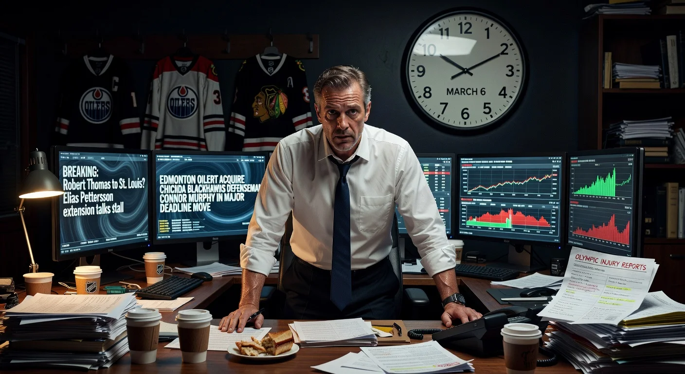 Dramatic illustration of NHL trade deadline buzz, featuring GMs, player rumors, and ticking clock amid playoff race.