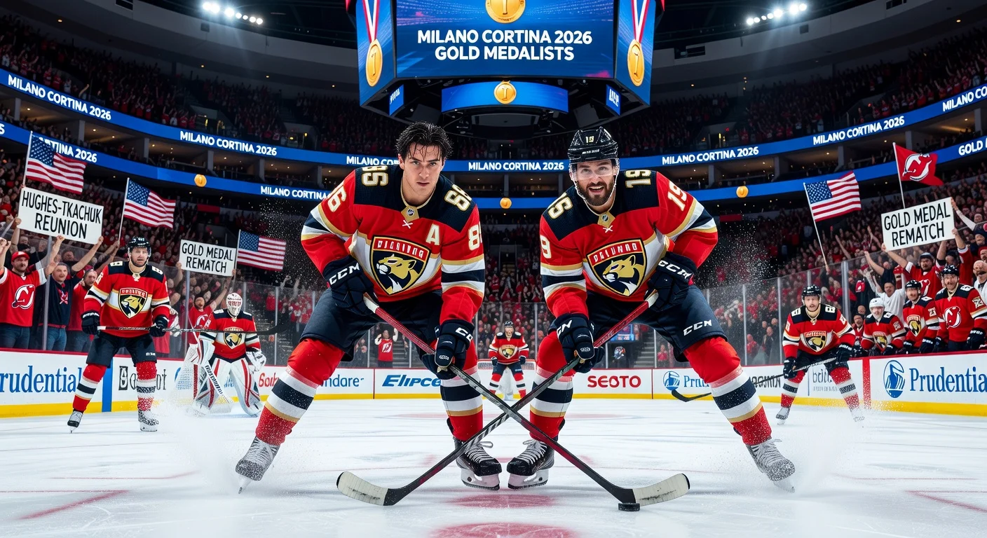 Photorealistic illustration of Devils' Jack Hughes and Panthers' Matthew Tkachuk in a tense center-ice face-off during their post-Olympic NHL reunion game.