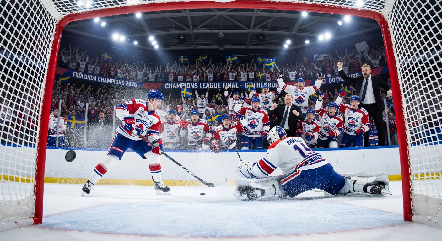 Jere Innala of Frolunda scores the overtime winner against Lulea in the CHL final, securing their record fifth title.
