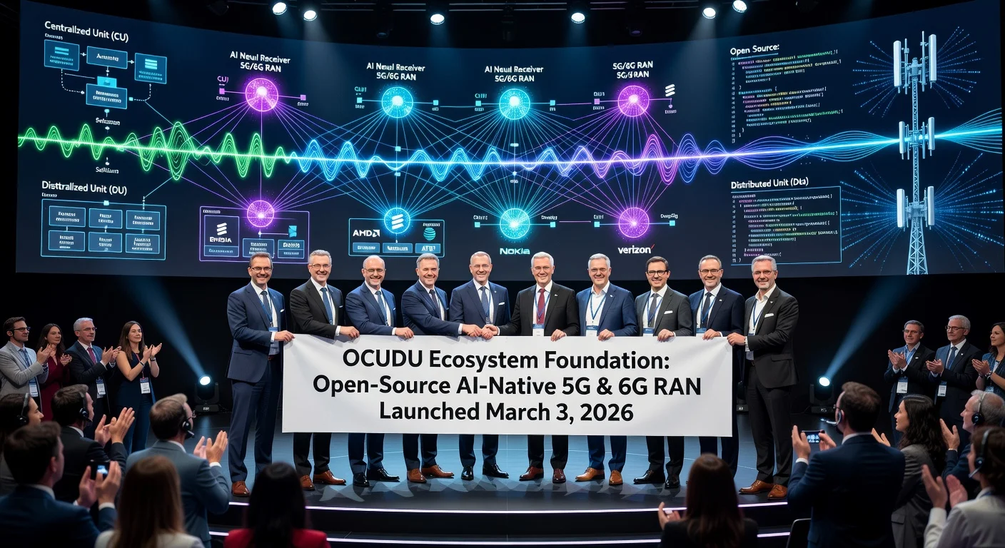 Industry leaders on stage at MWC 2026 launching the OCUDU Ecosystem Foundation for open-source AI-native 5G and 6G RAN, with visualizations of advanced networks on screens.