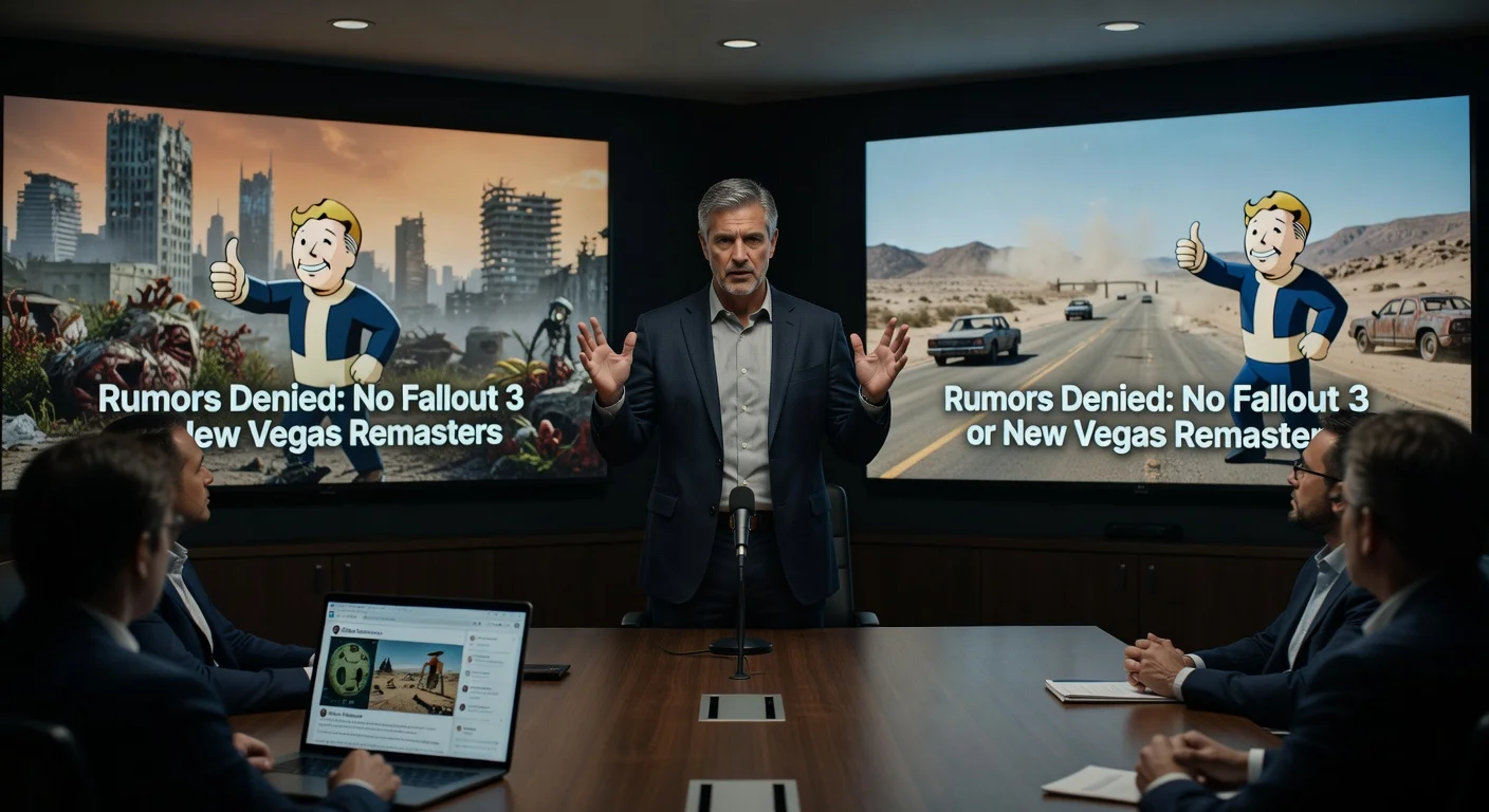 Iron Galaxy Studios executive denying Fallout 3 and New Vegas remaster rumors in a conference room with game screens displayed.