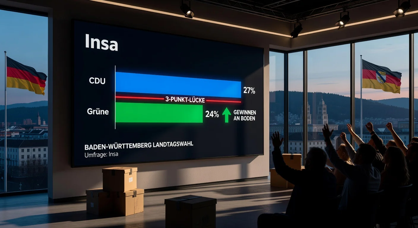 Illustration of Insa poll showing CDU at 27% leading Greens at 24% in tight Baden-Württemberg election race.