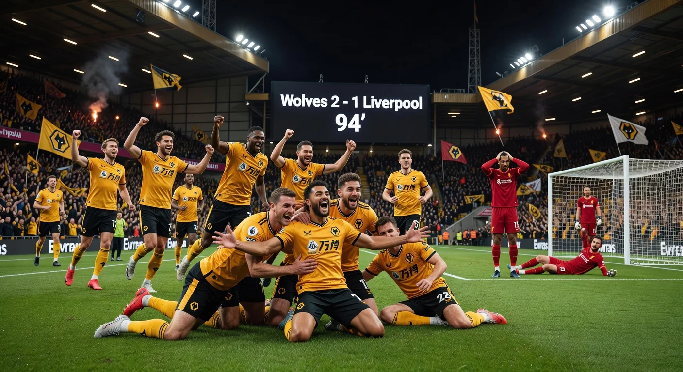 Wolves players erupt in celebration after Andre's late deflected winner secures a 2-1 upset victory over Liverpool at Molineux Stadium.