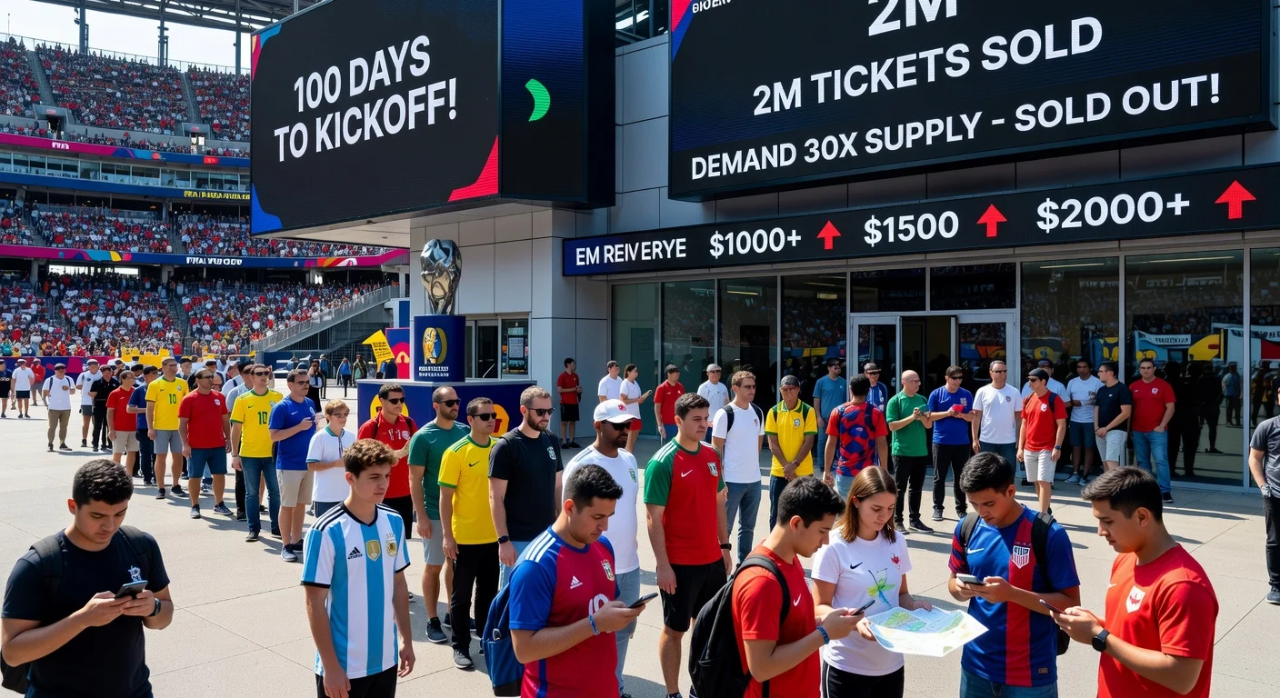 Fans queuing for sold-out FIFA World Cup 2026 tickets amid high demand signs and rising secondary market prices, 100 days to kickoff.