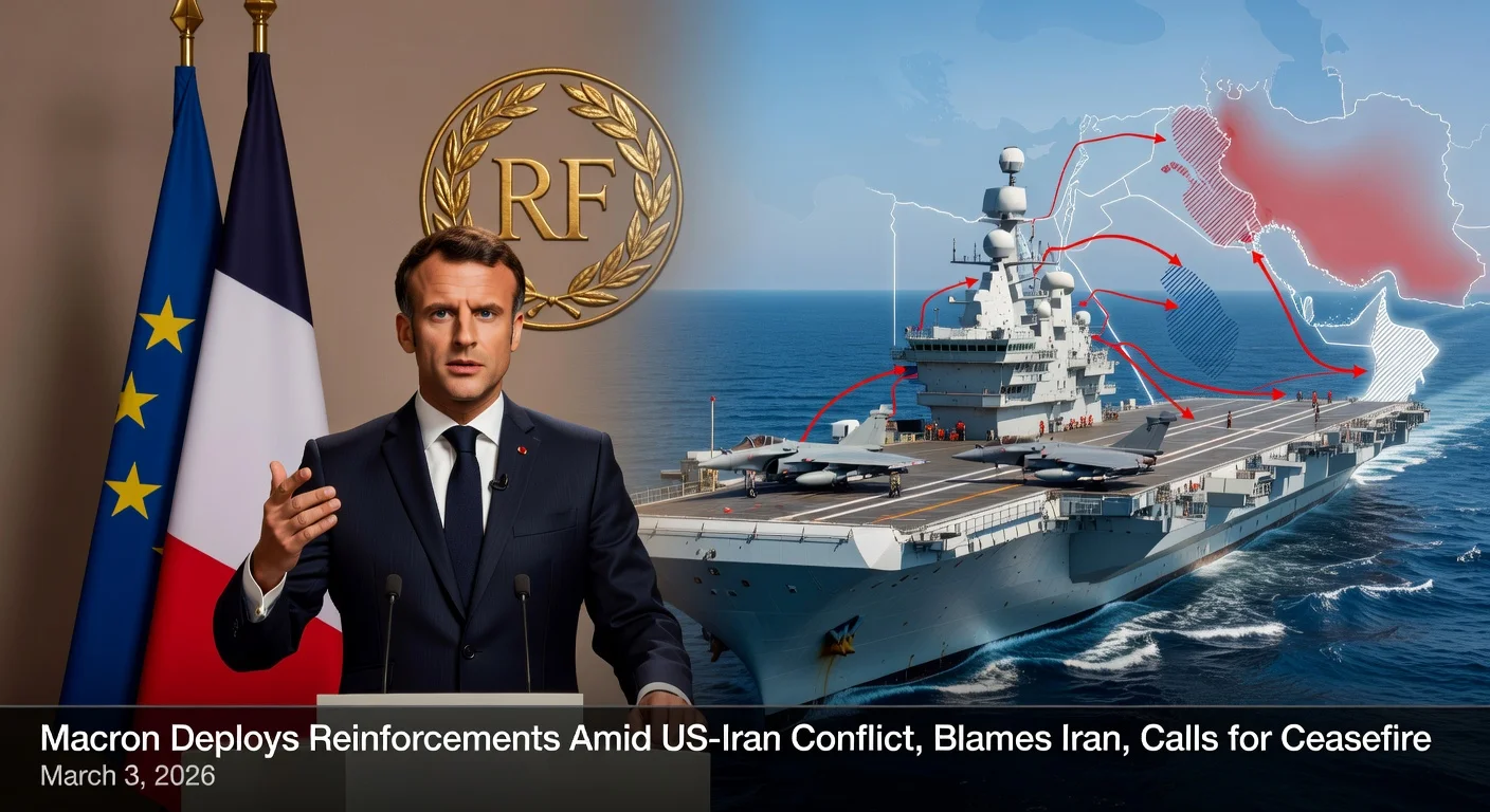 President Macron in televised address on Iran war and Khamenei's death, with Middle East conflict visuals.