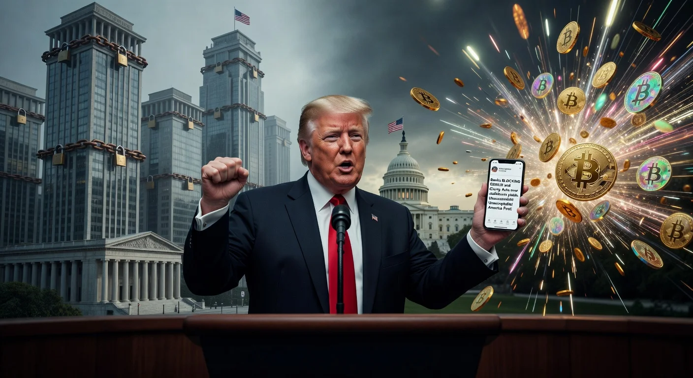 President Trump passionately urges Congress to pass the Clarity Act amid bank-crypto dispute, illustrated with Truth Social post, banks, and crypto symbols.