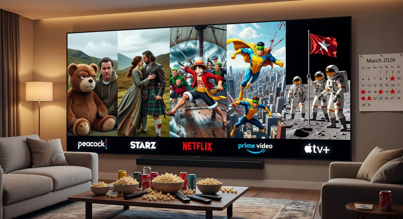 Photorealistic illustration of a living room TV displaying premiere scenes from Ted, Outlander, One Piece, Invincible, and For All Mankind on streaming platforms in March 2026.