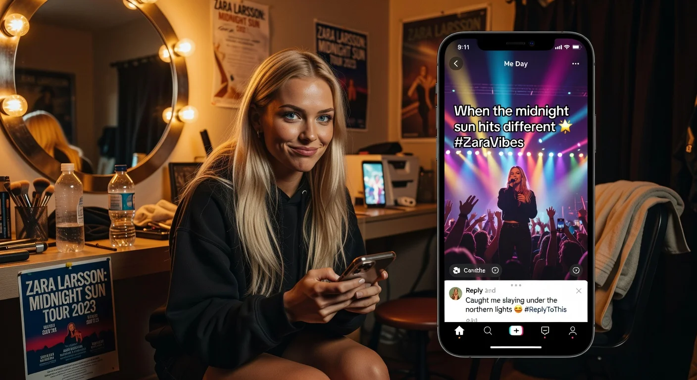 Zara Larsson smirks at her phone backstage, responding wittily to a fan's cheeky TikTok abortion joke about her concert performance.