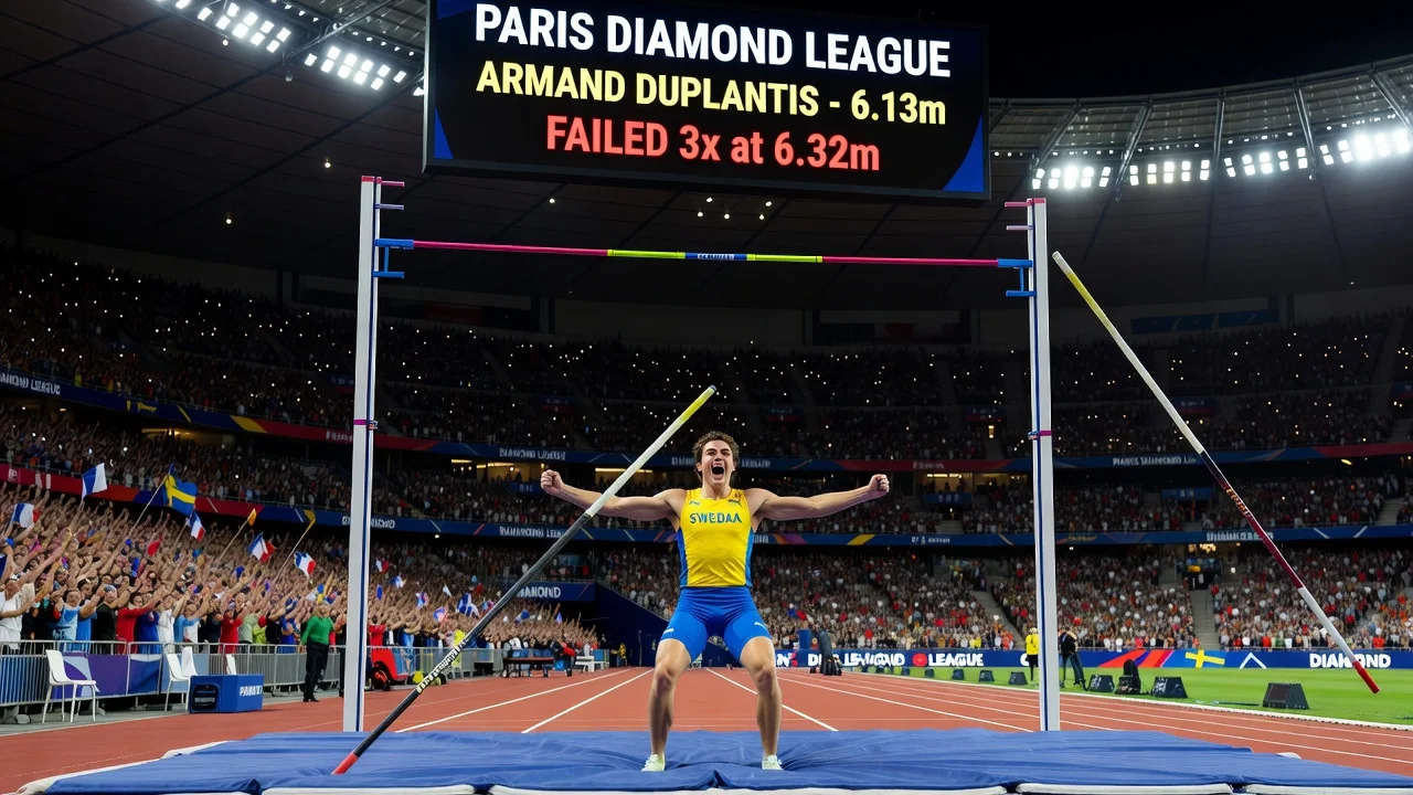 Armand Duplantis celebrating after clearing 6.13m in pole vault at Paris Diamond League, with failed world record attempt visible.
