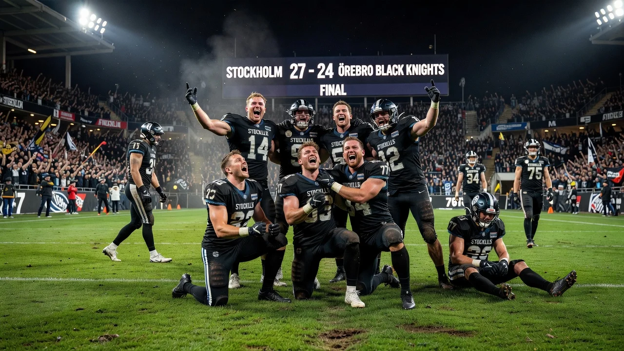 Intense American football action in SM semifinal between Stockholm and Örebro Black Knights, score 27-24.