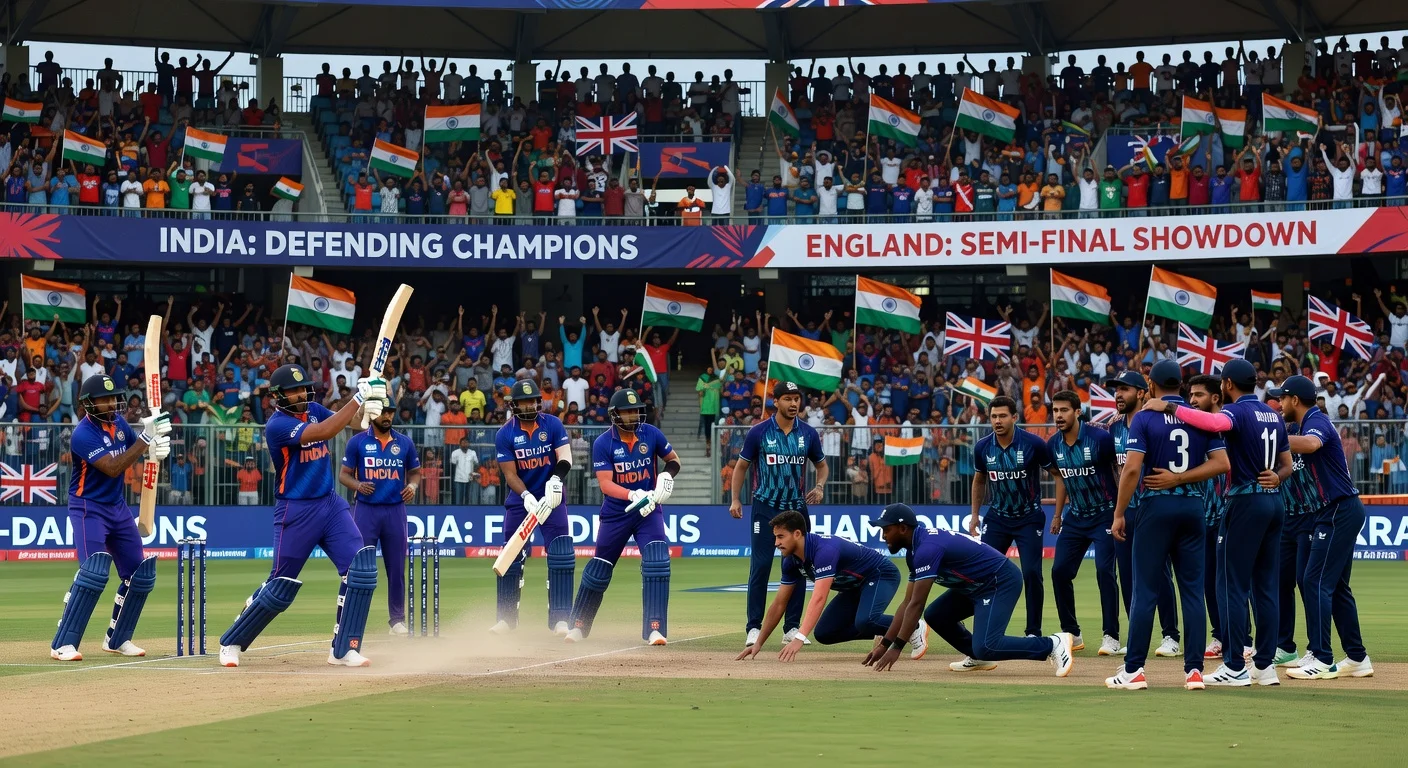 India and England cricket teams preparing intensely for T20 World Cup semi-final at Wankhede Stadium amid cheering fans.