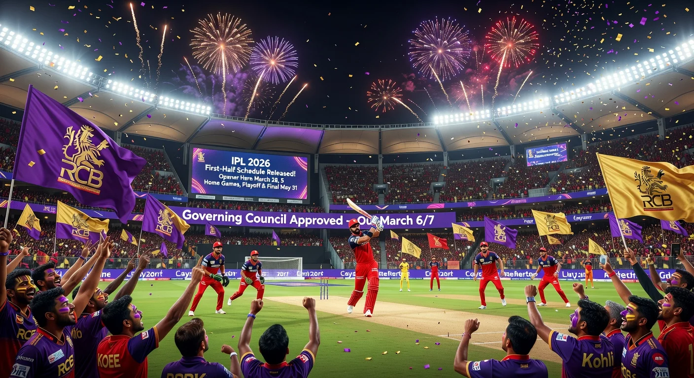 Dynamic illustration of M. Chinnaswamy Stadium packed for IPL 2026 opener, with schedule release highlights and RCB fans celebrating.