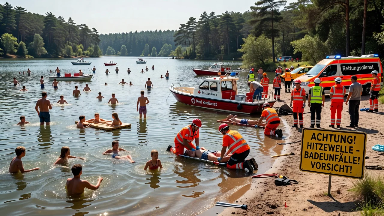 Illustration of swimming accidents in Germany during heatwave showing crowded waters and emergency response.
