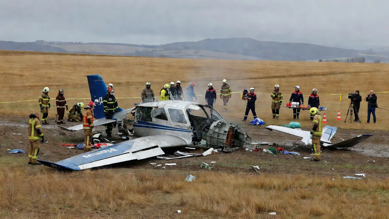 Wreckage of a plane crash in a field with emergency services responding to the fatal accident near Nancy.