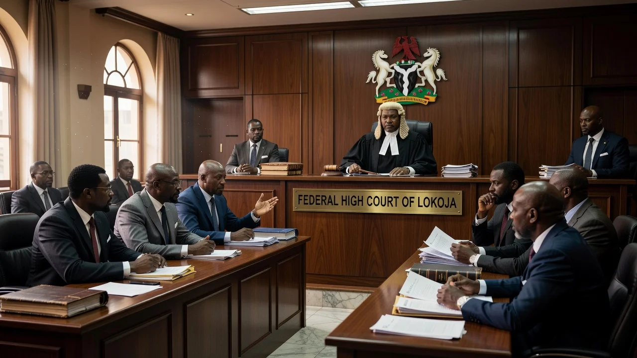 Nigerian courtroom scene of a judge setting aside a political party registration ruling