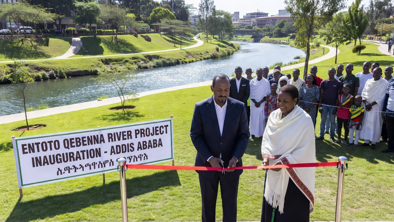 Prime Minister Abiy Ahmed cutting a ribbon at the Entoto Qebenna riverbank development inauguration, with Mayor Adanech Abiebie and a crowd.