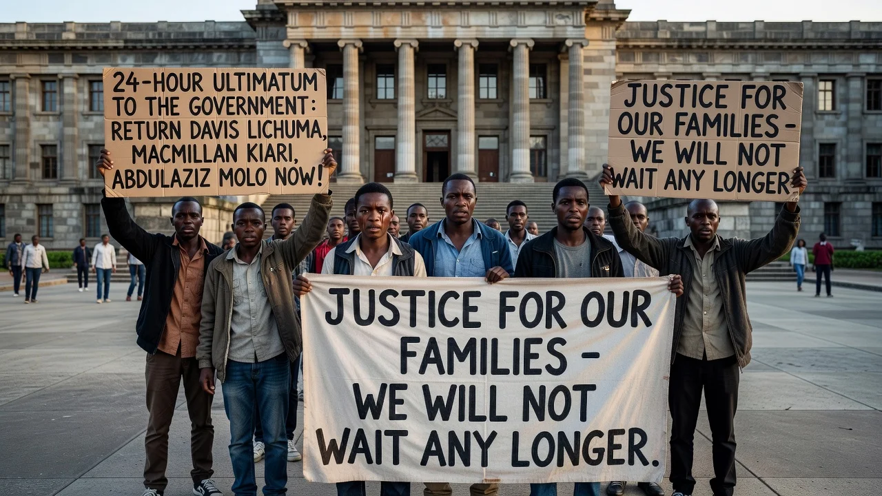 Families of missing activists protesting with ultimatum signs outside a government building.