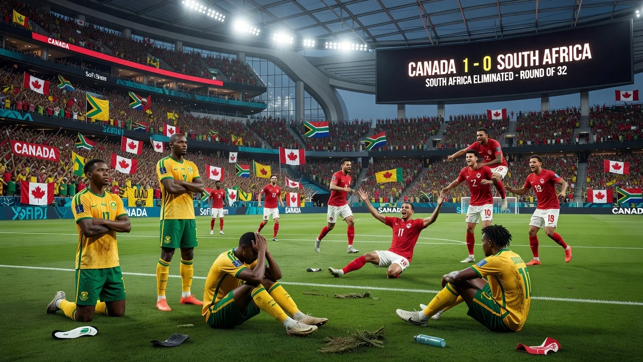 Dejected South African soccer players after losing 1-0 to Canada in the World Cup at SoFi Stadium.