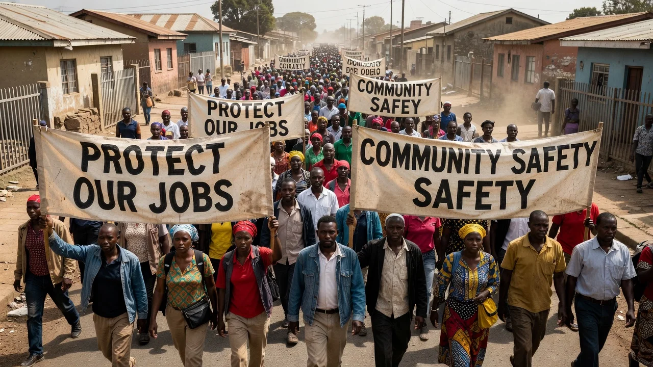 Peaceful march of thousands in Soweto against illegal immigration, with protesters holding signs in township streets.