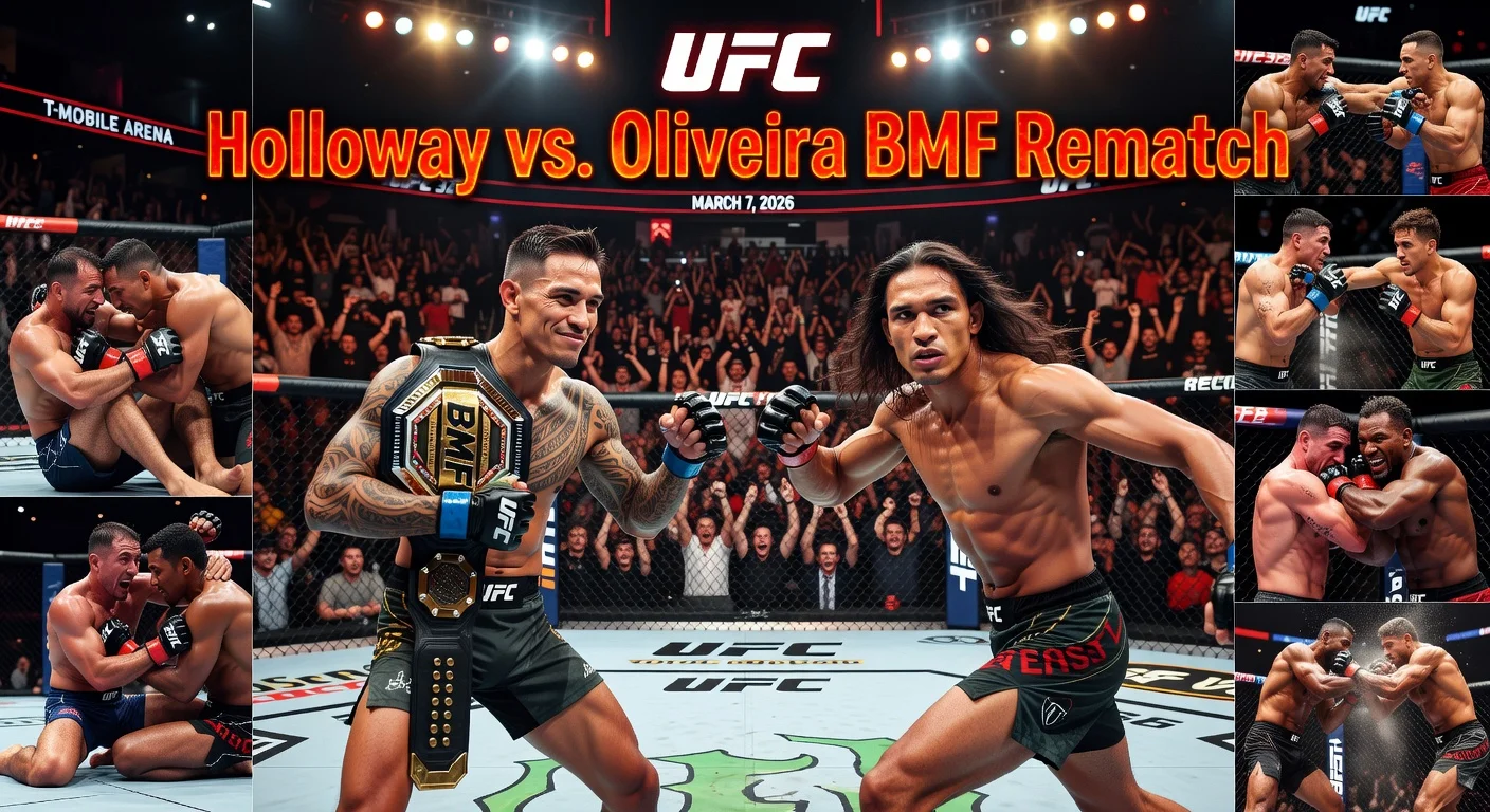 Dynamic photorealistic illustration of UFC 326 headline fight: BMF champion Max Holloway vs. Charles Oliveira rematch, with octagon face-off and card highlights for news article.
