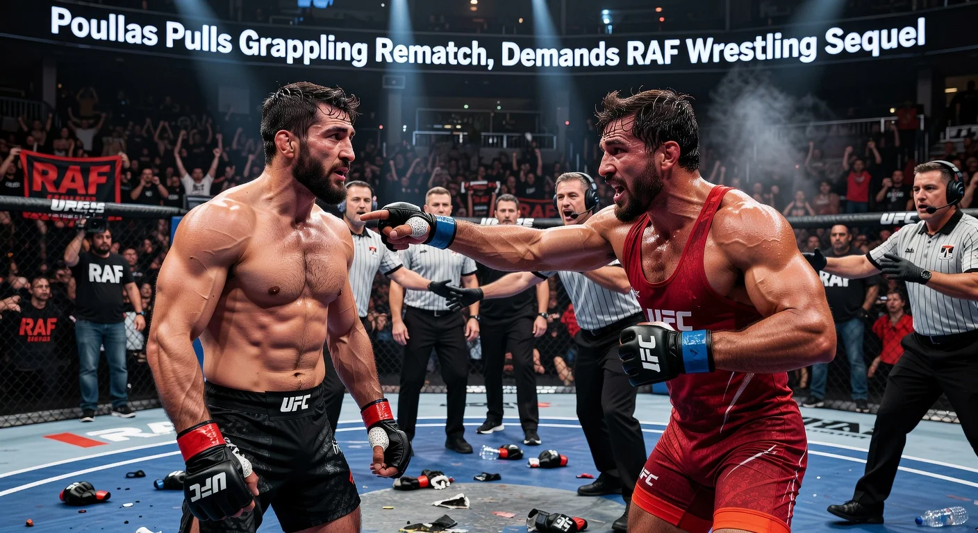 Dramatic illustration of fighters Arman Tsarukyan and Georgio Poullas confronting each other amid RAF wrestling rematch drama.