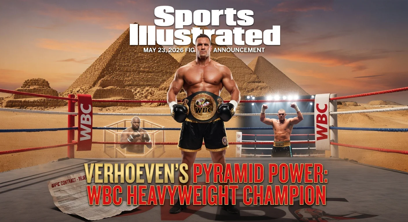 Illustration of Rico Verhoeven choosing WBC boxing title fight against Usyk at Egypt's Pyramids over UFC offer, with dramatic pyramids backdrop.