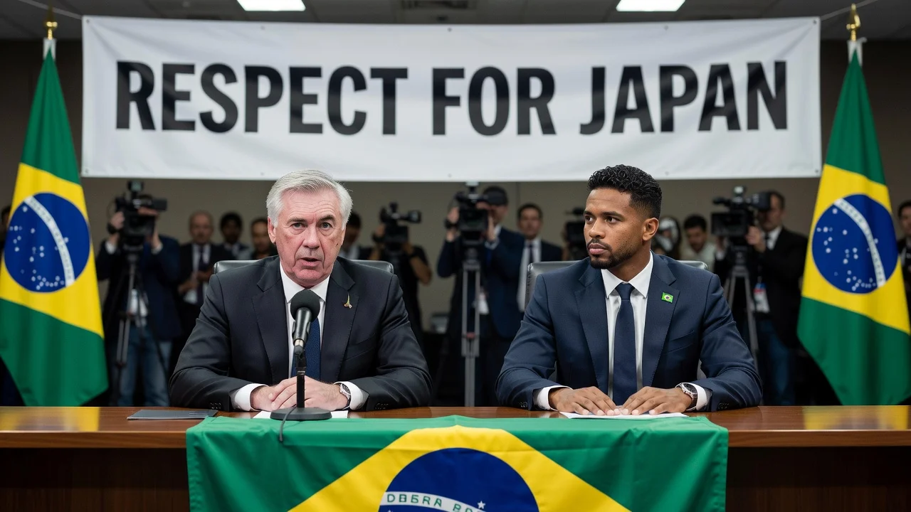 Carlo Ancelotti and Marquinhos discussing respect for Japan before Brazil's World Cup match.