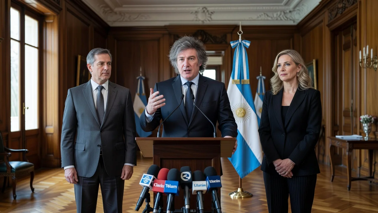 President Javier Milei with Diego Santilli and Karina Milei at Quinta de Olivos for the cabinet appointment announcement.