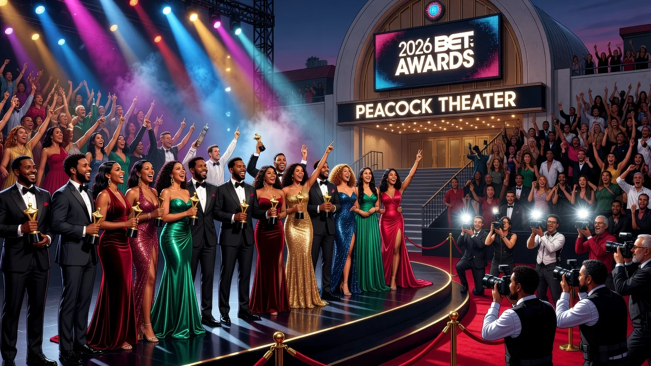 The 2026 BET Awards ceremony at the Peacock Theater in Los Angeles, featuring celebrities on stage.